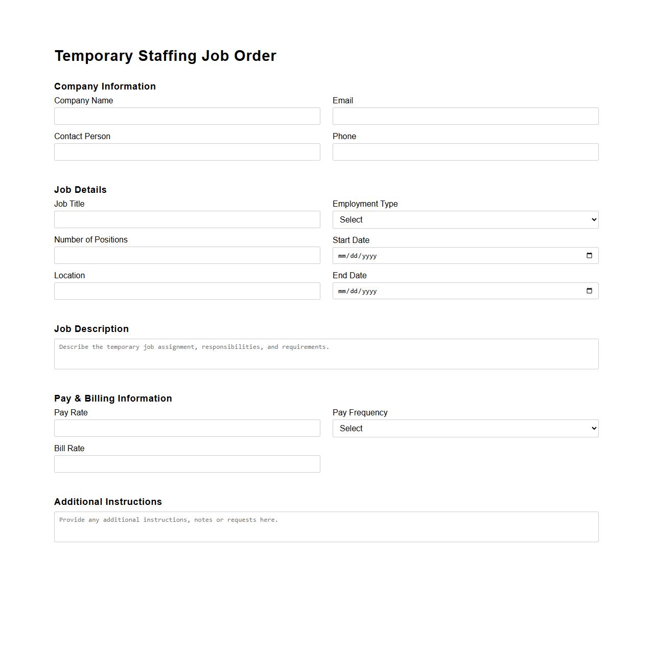 Temporary Staffing Job Order Template
