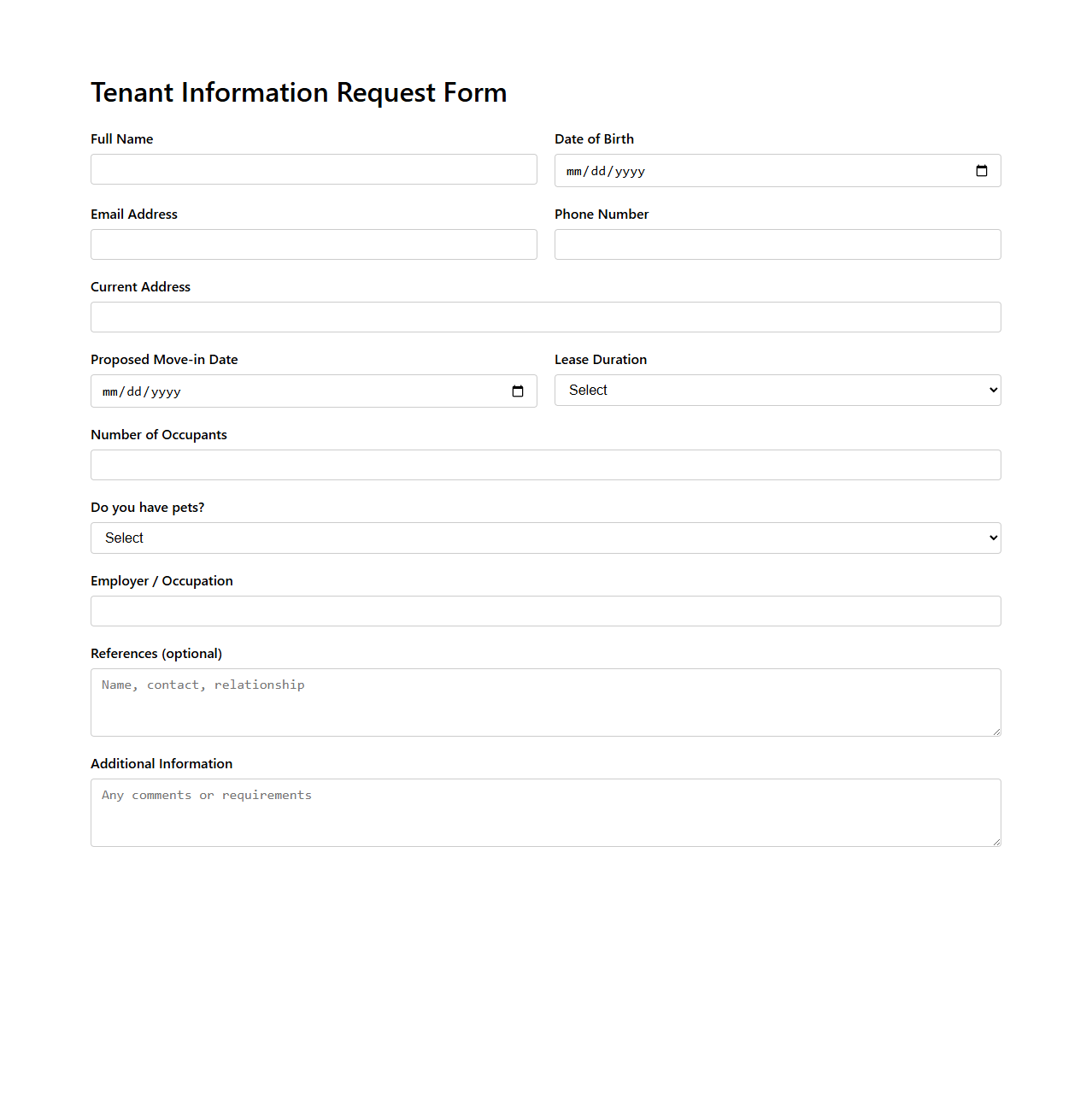 Tenant Information Request Form