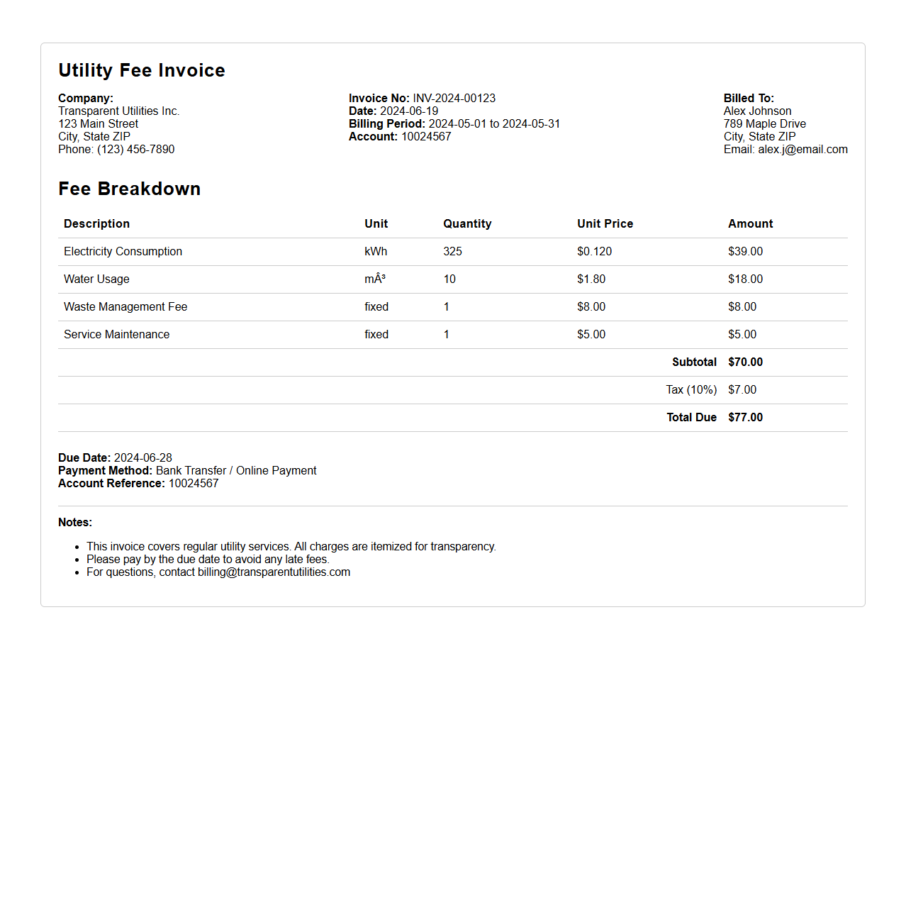 Transparent Utility Fee Invoice for Regular Billing
