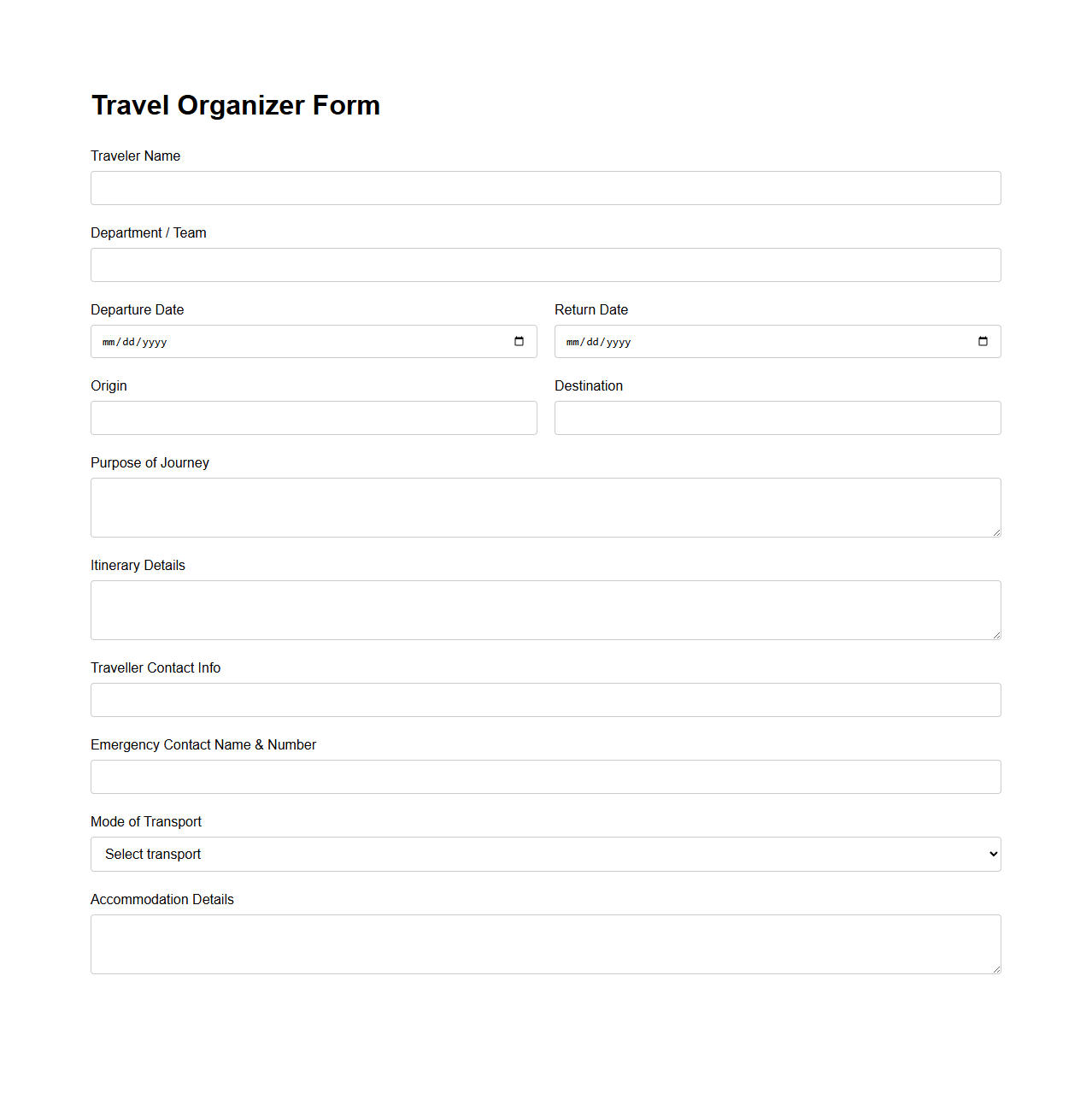 Travel Organizer Form for Journey Management