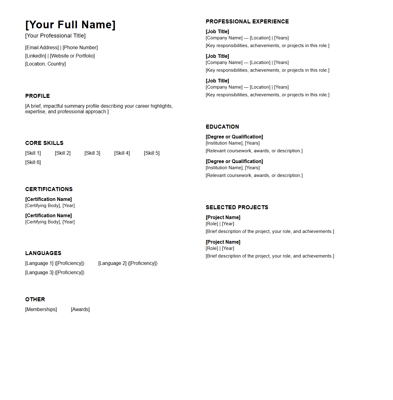 Two-Page Professional Curriculum Vitae Template for Long Careers