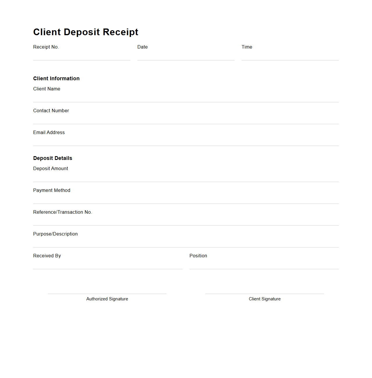 Unfilled Client Deposit Receipt Template