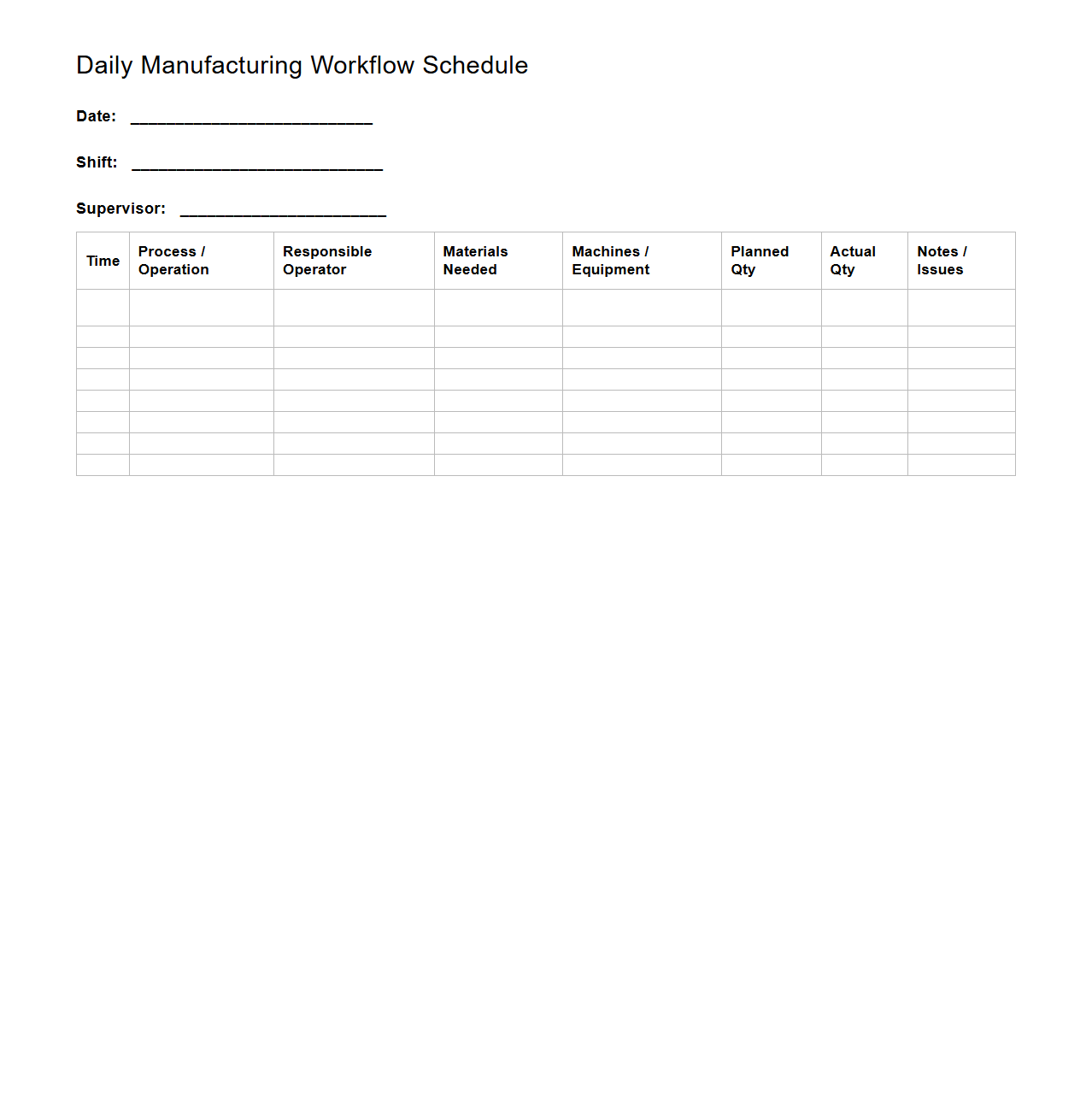 Unfilled Daily Manufacturing Workflow Schedule