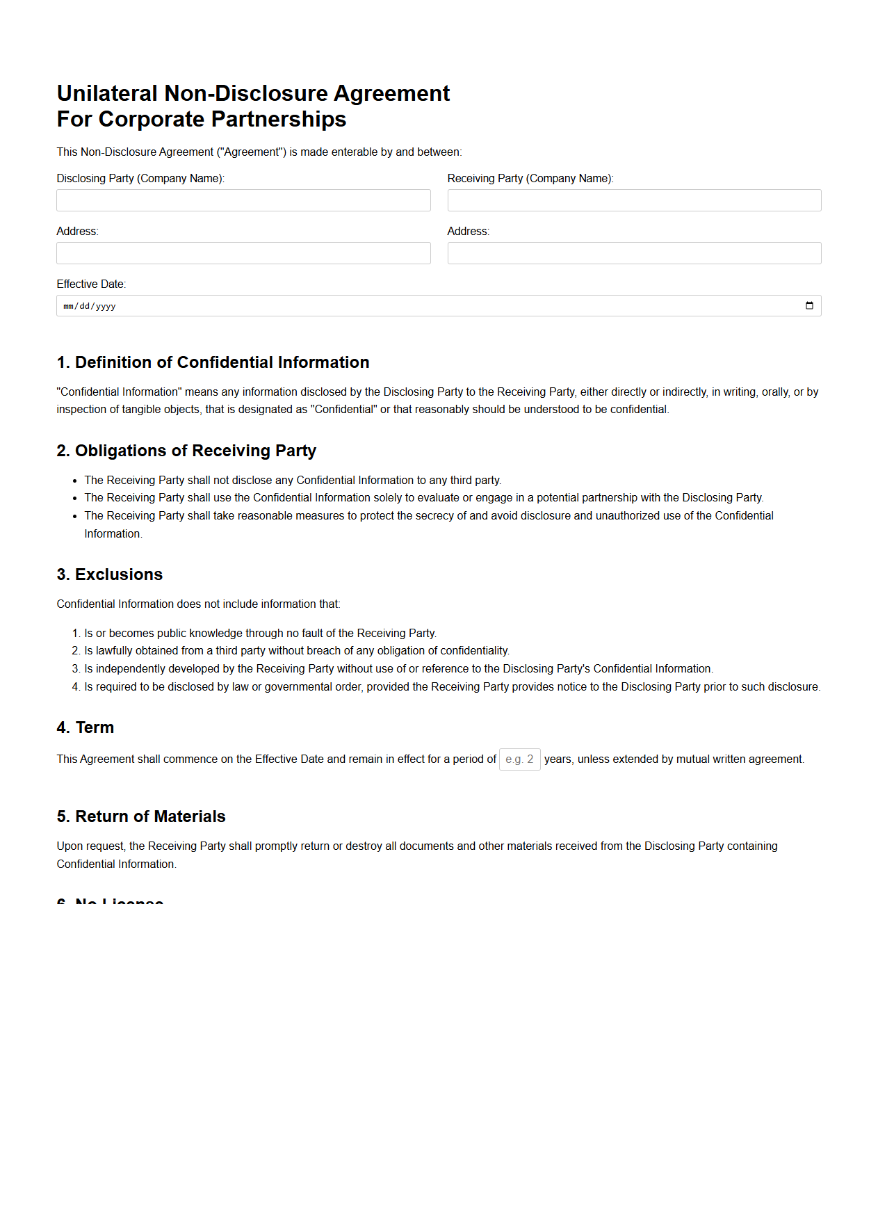 Unilateral NDA Form for Corporate Partnerships