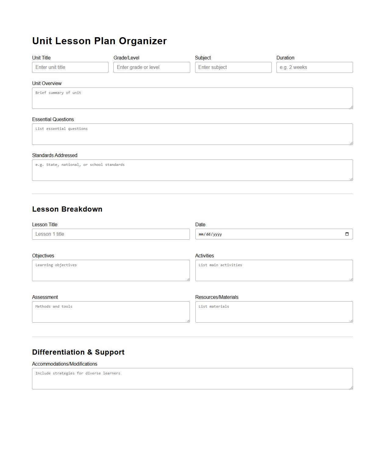 Unit Lesson Plan Organizer