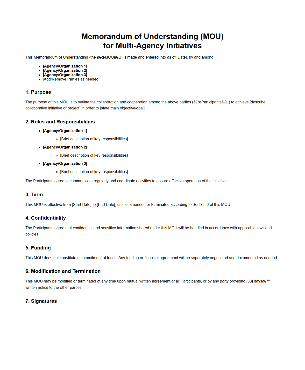 Universal MOU Sample for Multi-Agency Initiatives