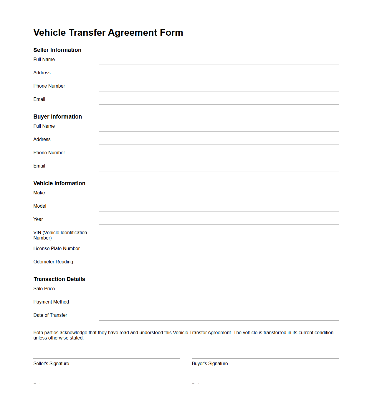 Vehicle Transfer Agreement Form