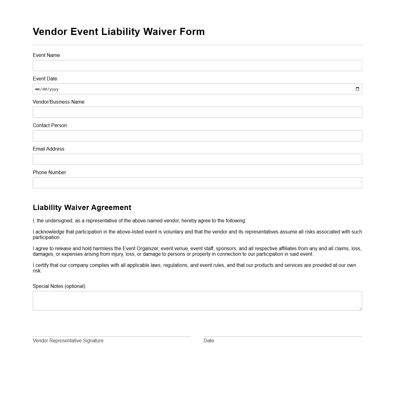Vendor Event Liability Waiver Form
