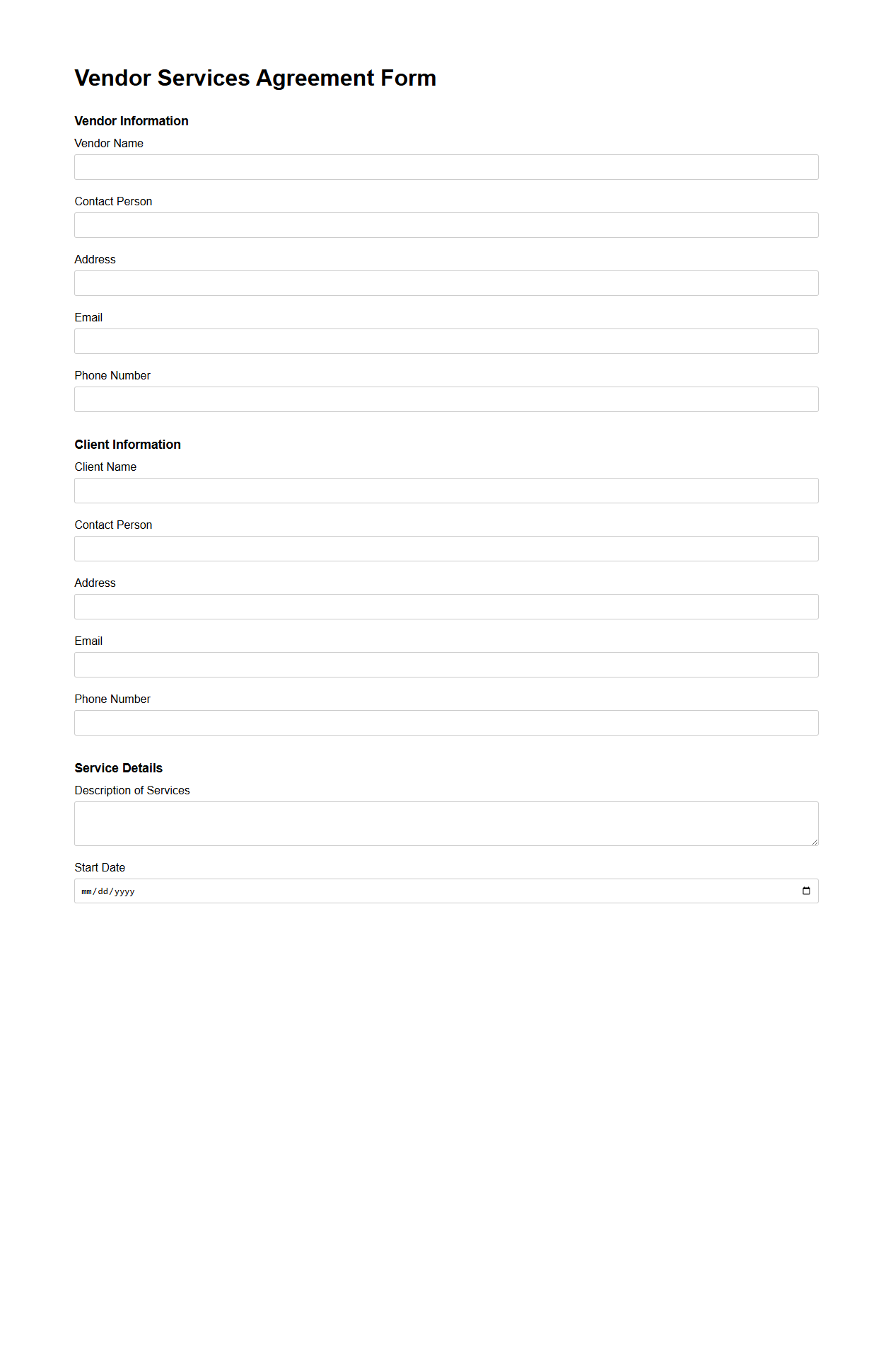 Vendor Services Agreement Form