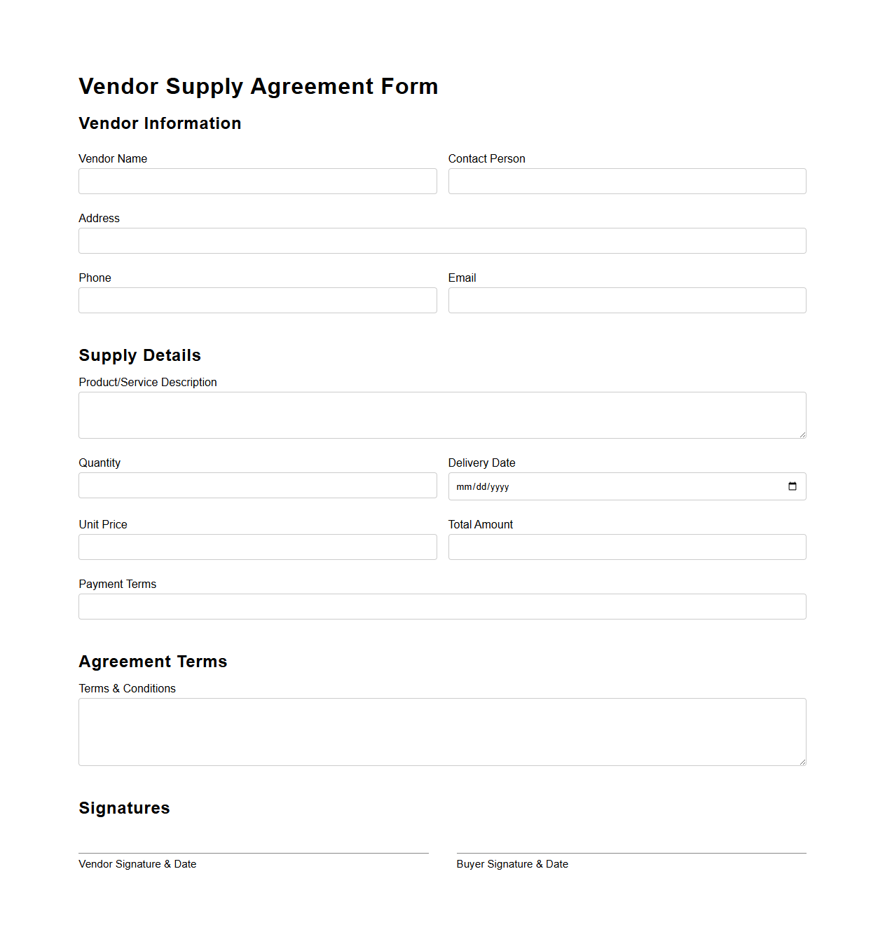 Vendor Supply Agreement Form