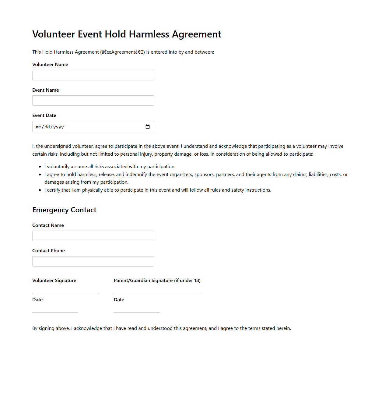 Volunteer Event Hold Harmless Agreement