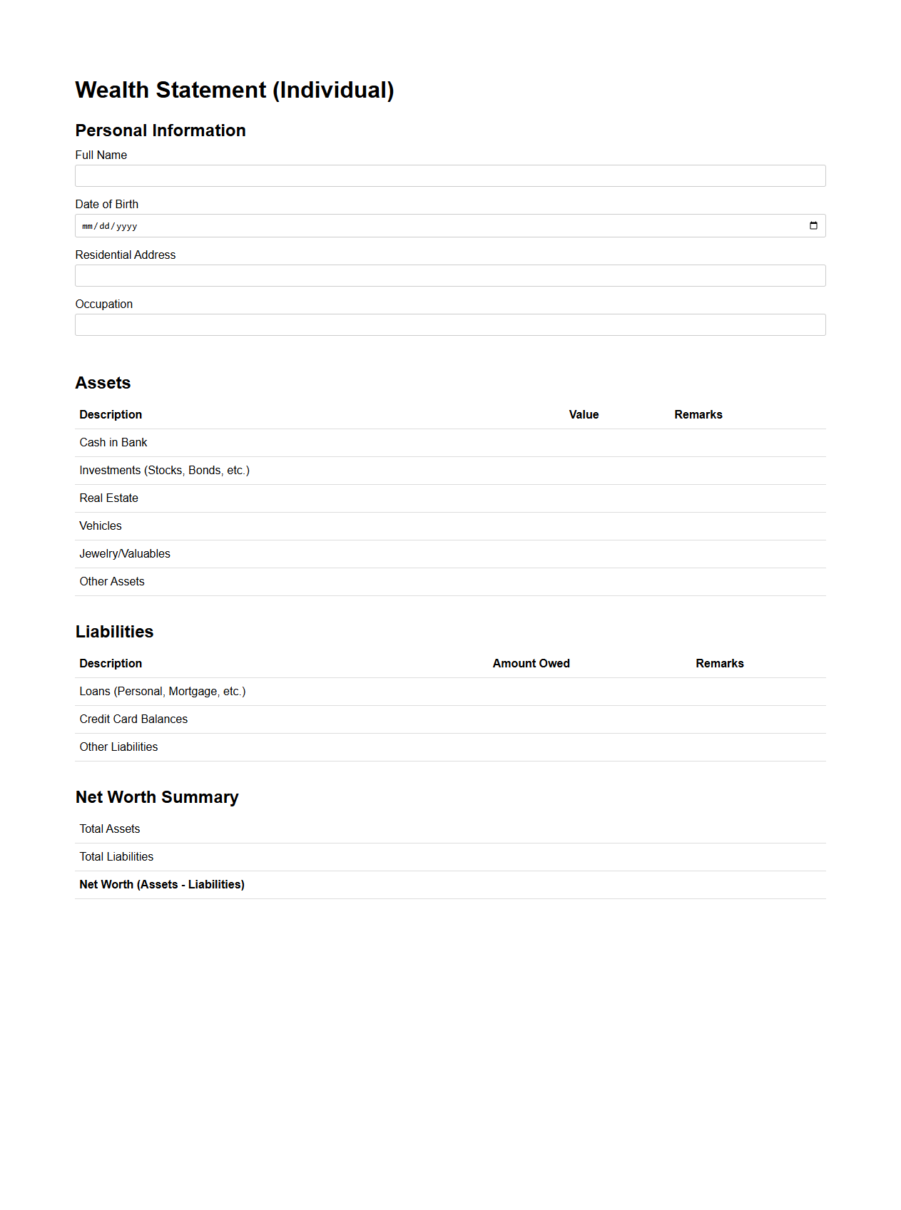 Wealth Statement Template for Individuals