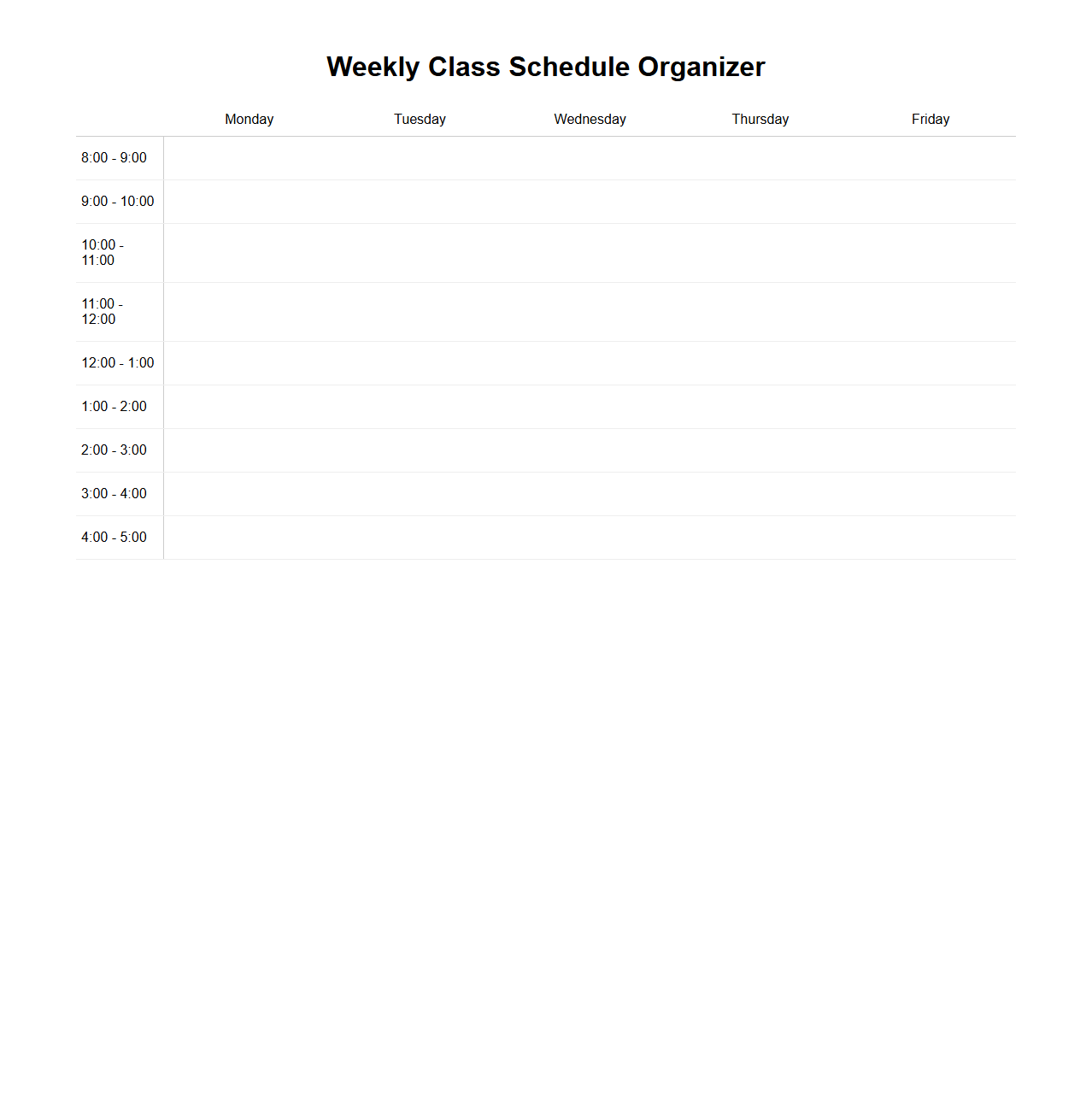 Weekly Class Schedule Organizer for Students