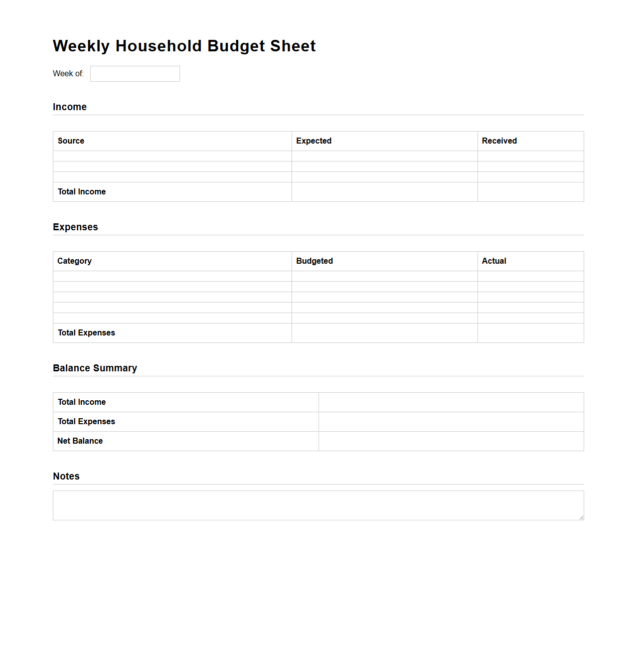 Weekly Household Budget Sheet