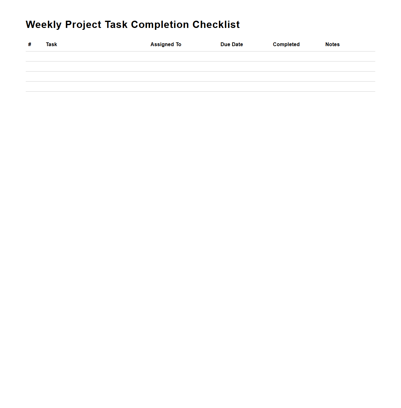 Weekly Project Task Completion Checklist