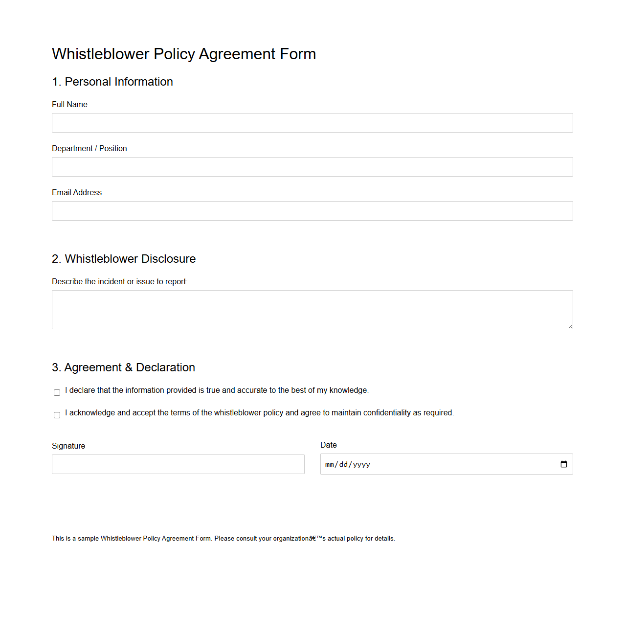Whistleblower Policy Agreement Form Example