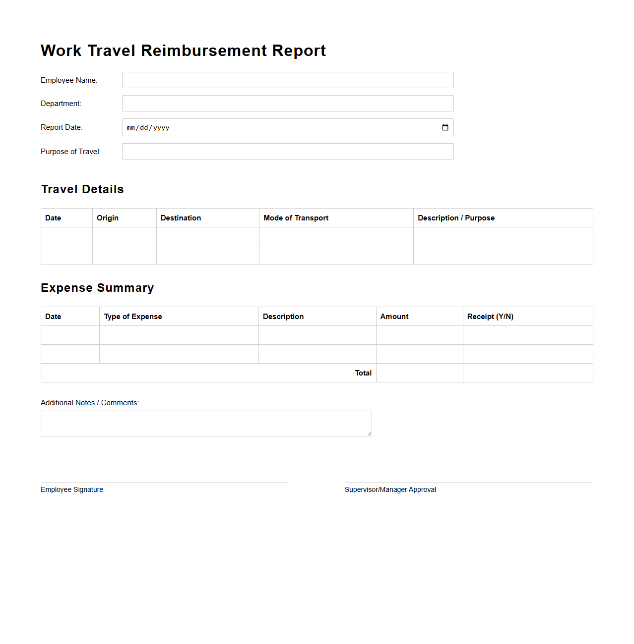 Work Travel Reimbursement Report Template