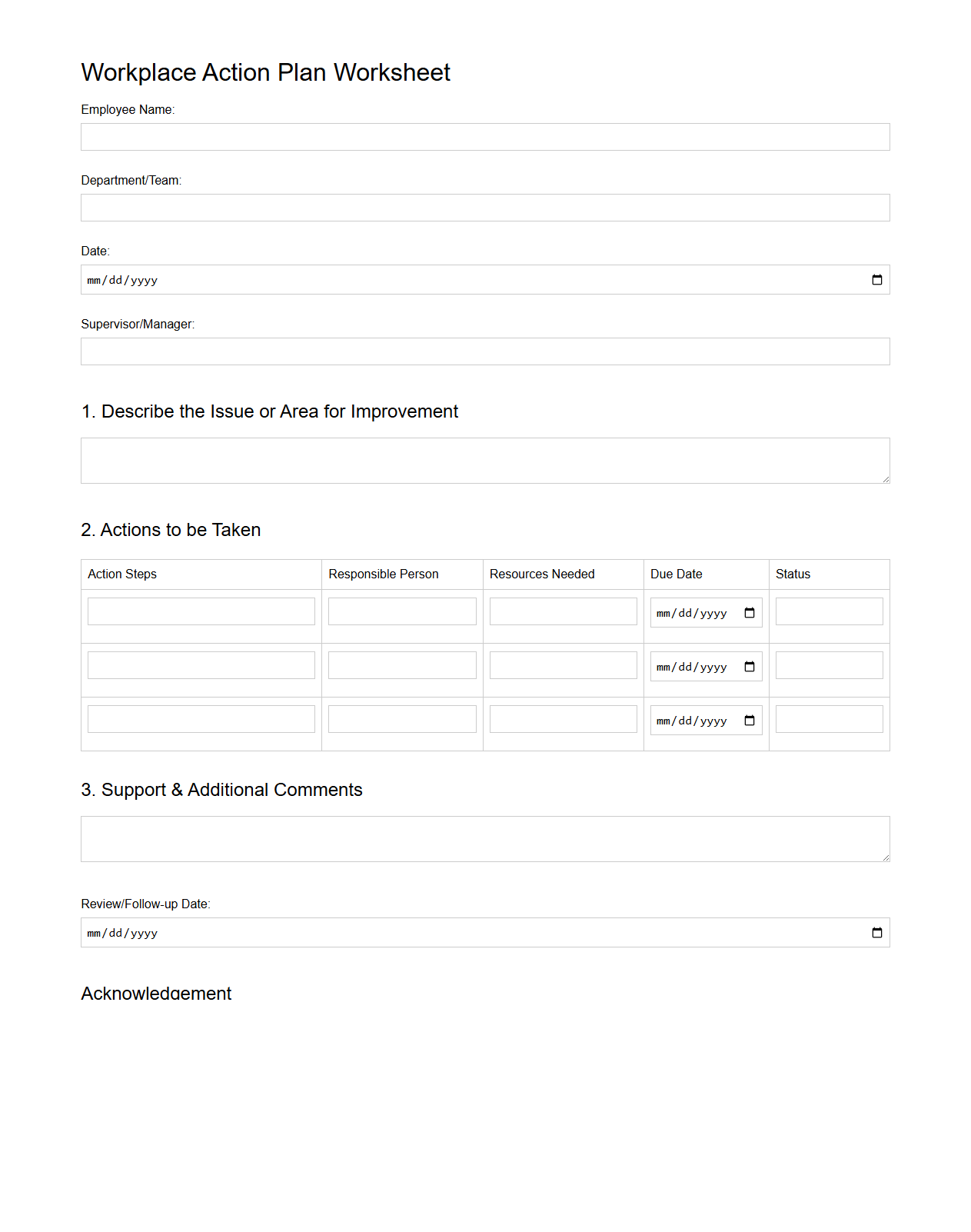Workplace Action Plan Worksheet