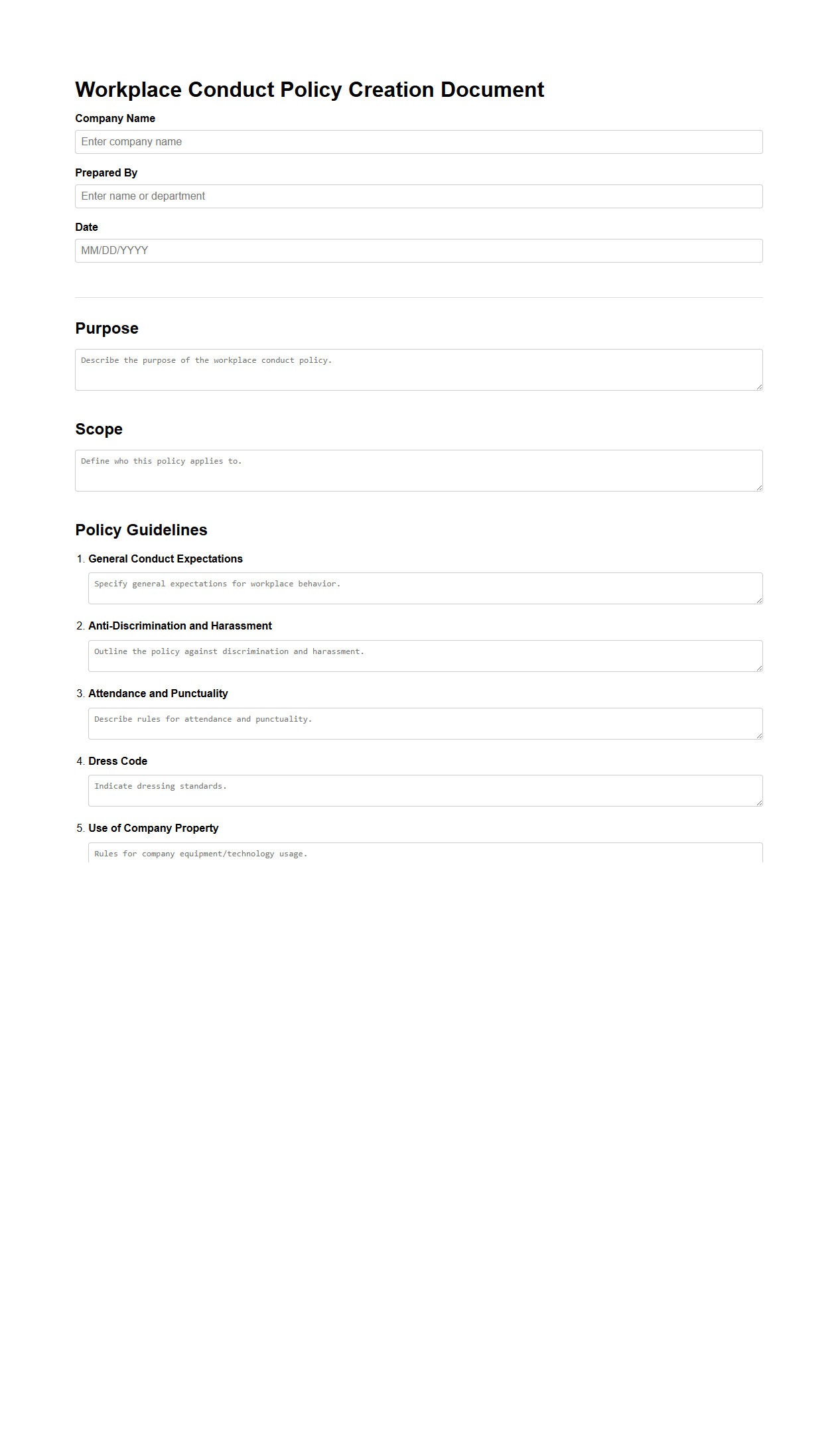 Workplace Conduct Policy Creation Document