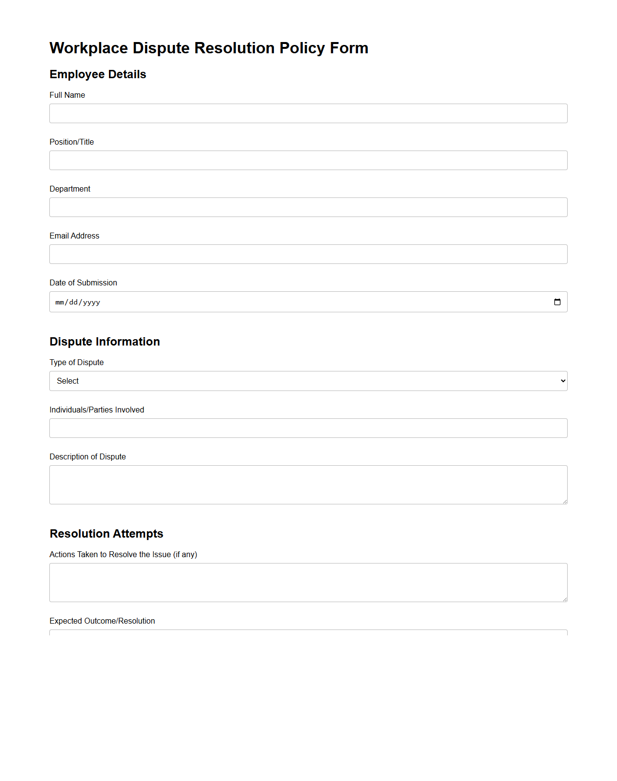 Workplace Dispute Resolution Policy Form