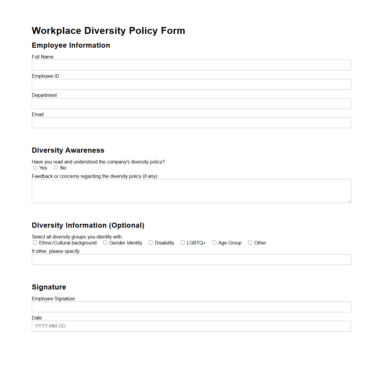 Workplace Diversity Policy Form