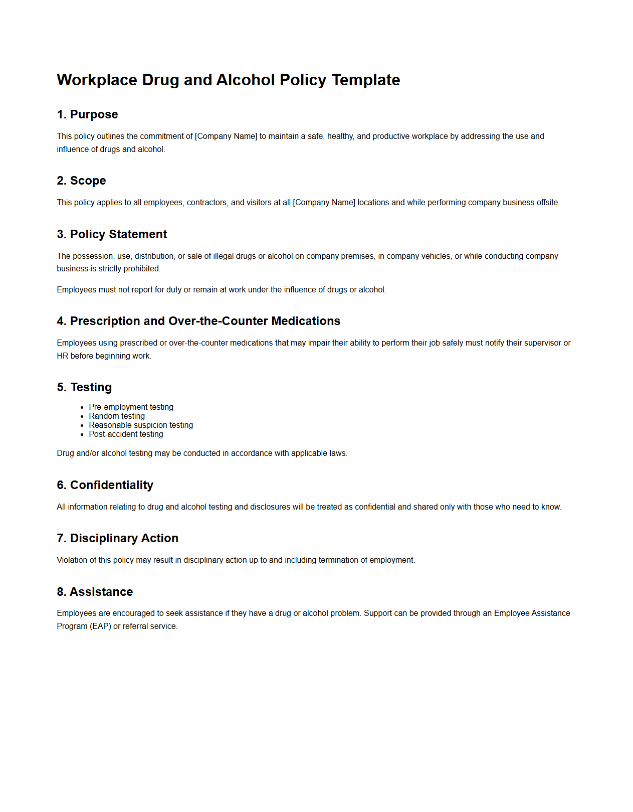 Workplace Drug and Alcohol Policy Template