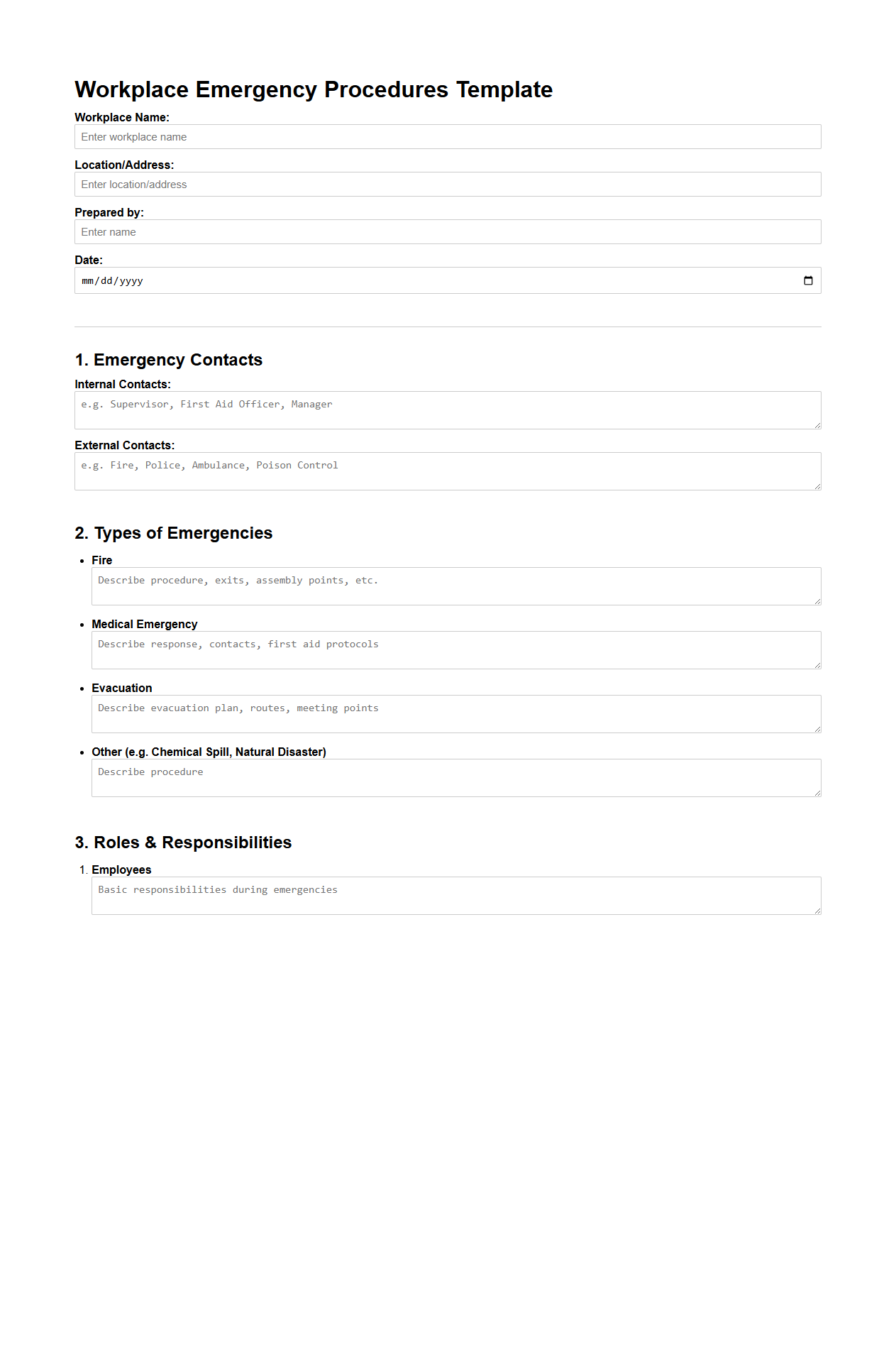 Workplace Emergency Procedures Template