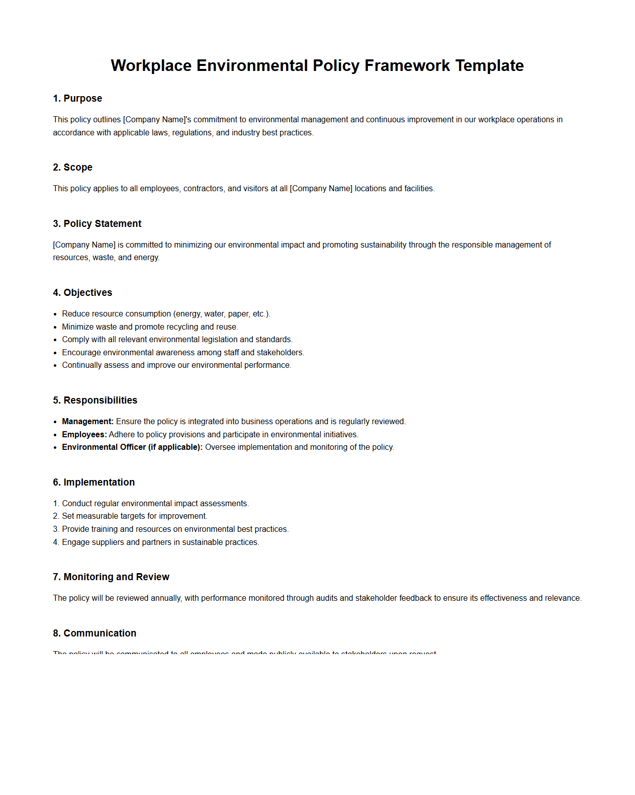 Workplace Environmental Policy Framework Template