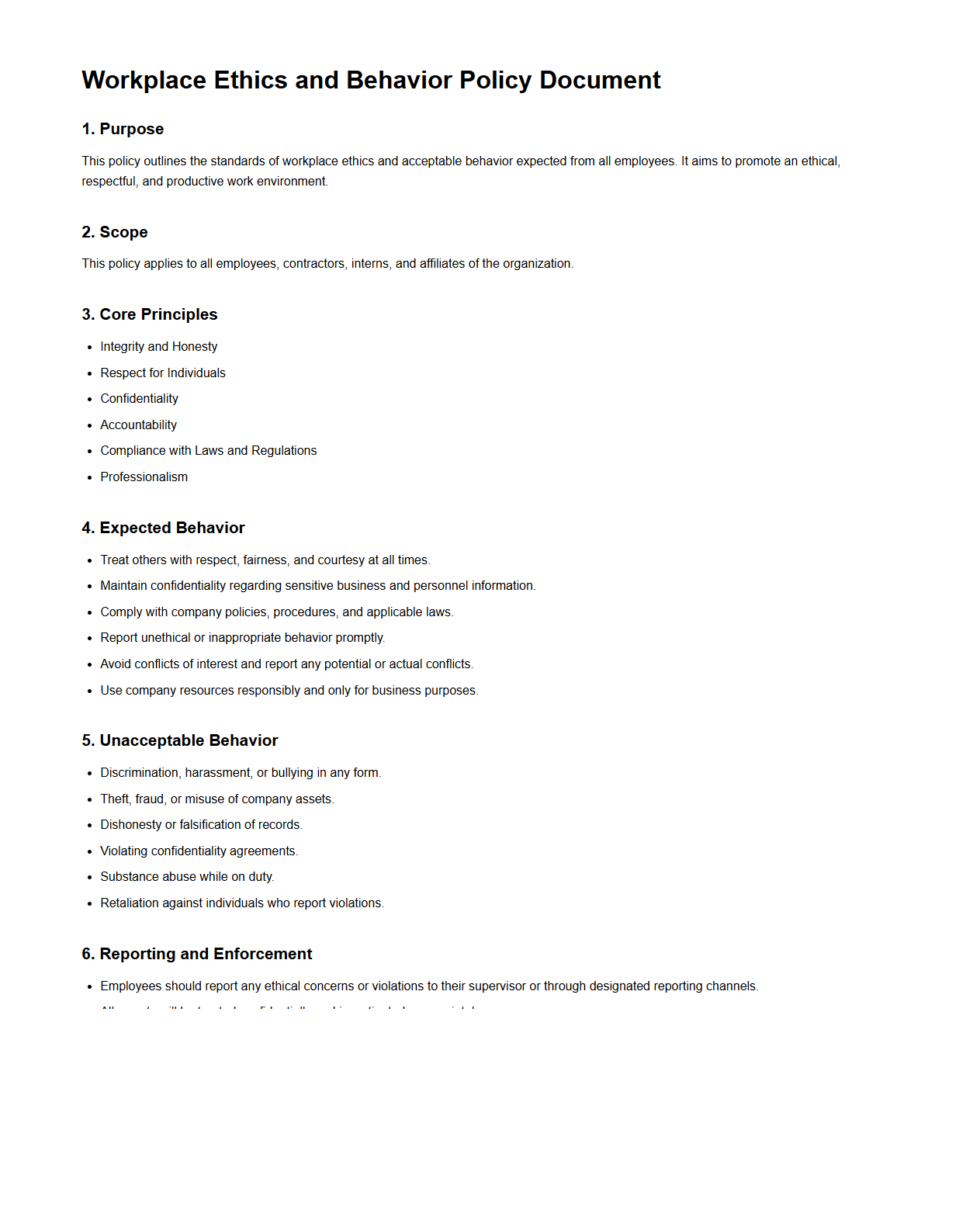 Workplace Ethics and Behavior Policy Document