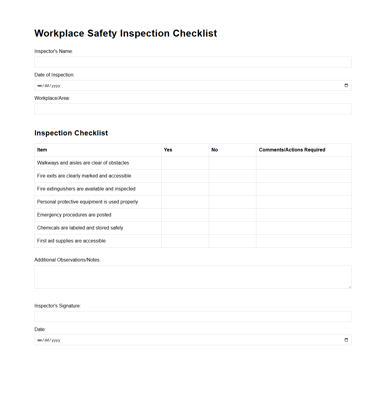 Workplace Safety Inspection Checklist Template