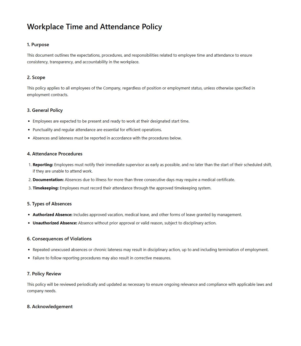 Workplace Time and Attendance Policy