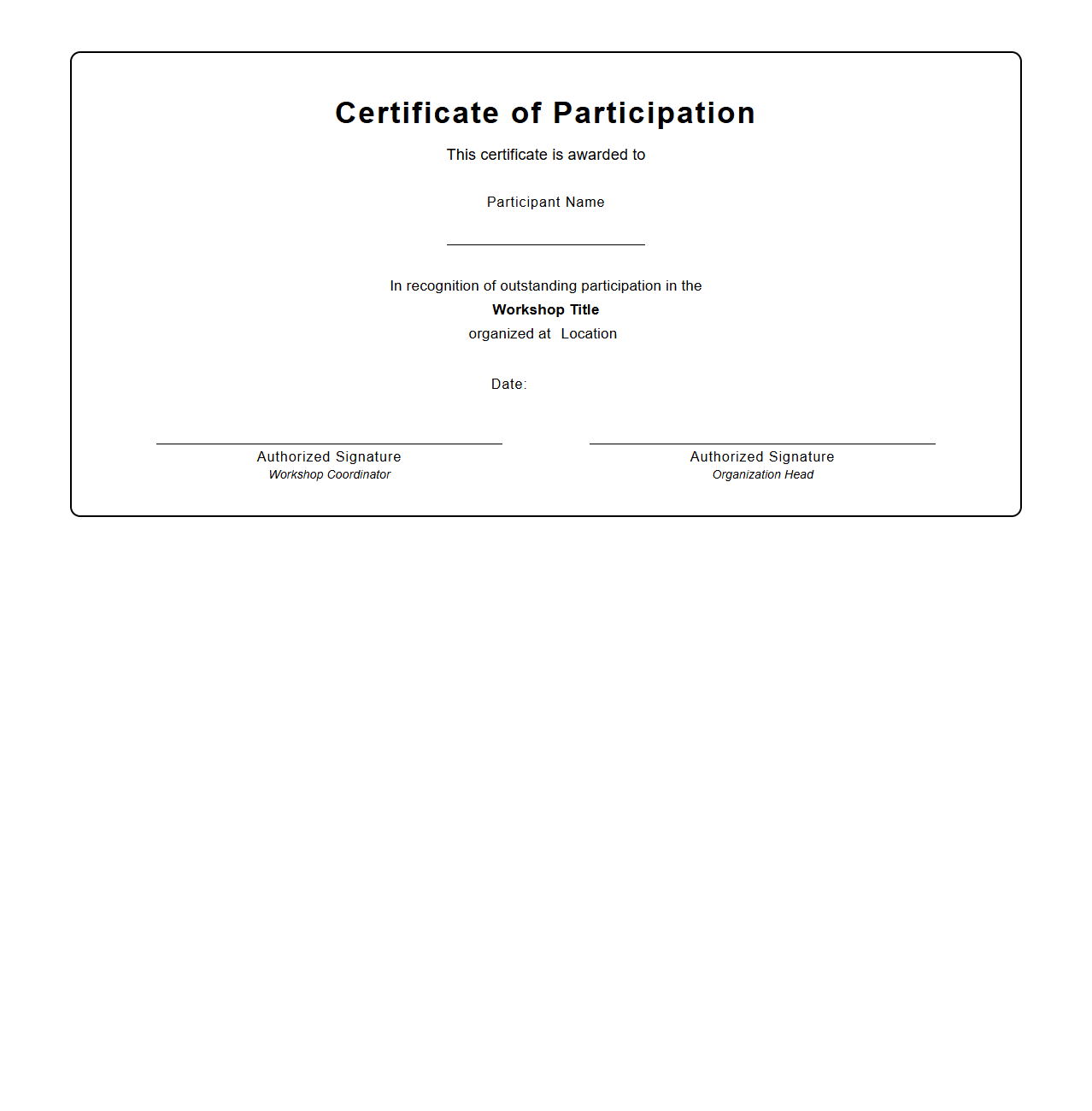 Workshop Participation Certificate Layout