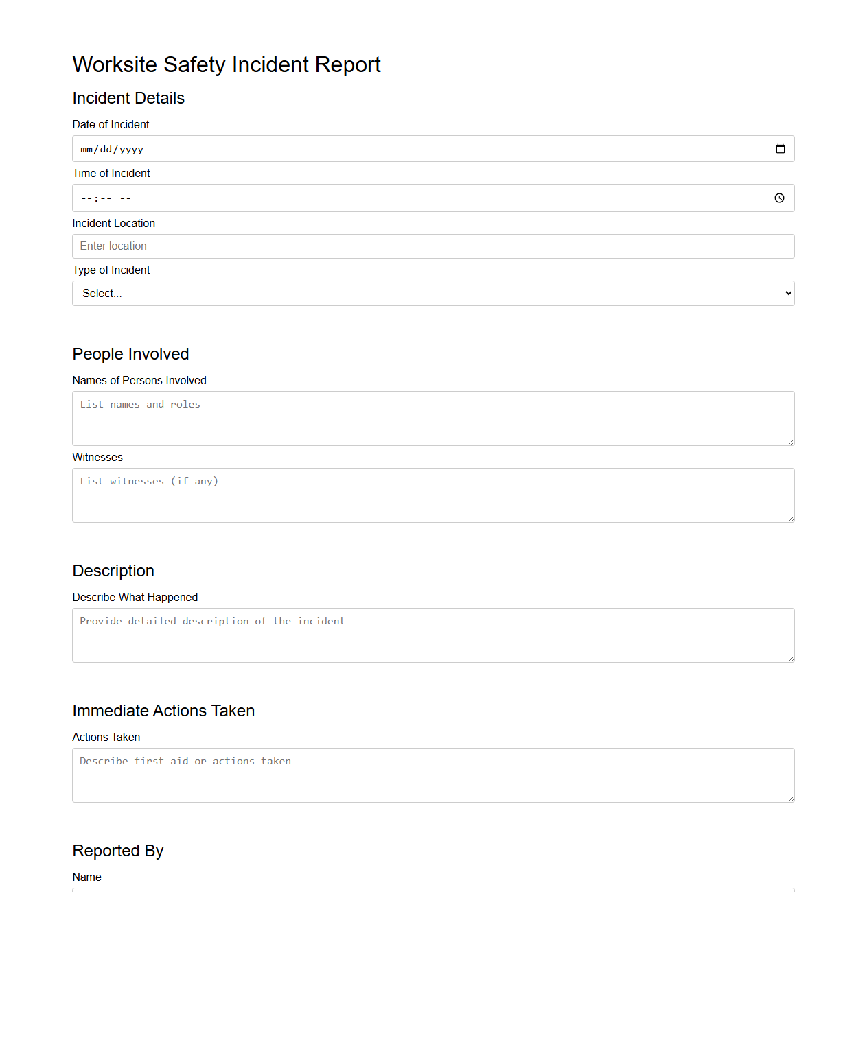 Worksite Safety Incident Reporting Template
