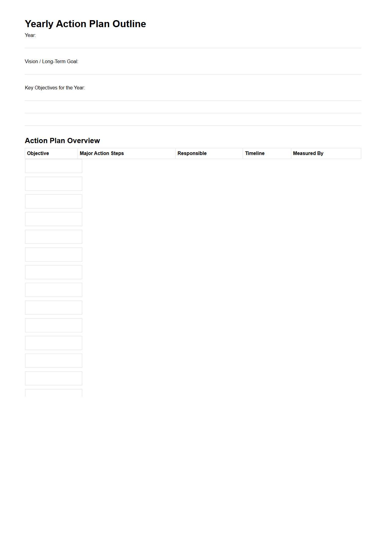 Yearly Action Plan Blank Outline