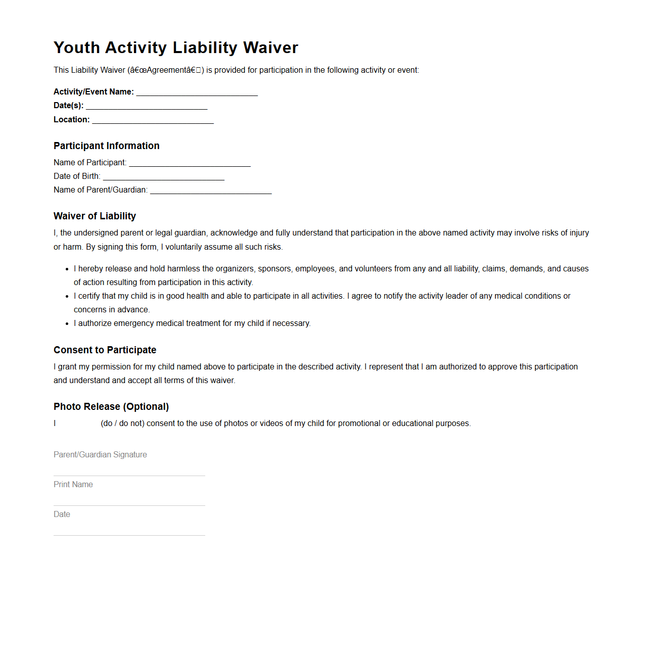 Youth Activity Liability Waiver Template