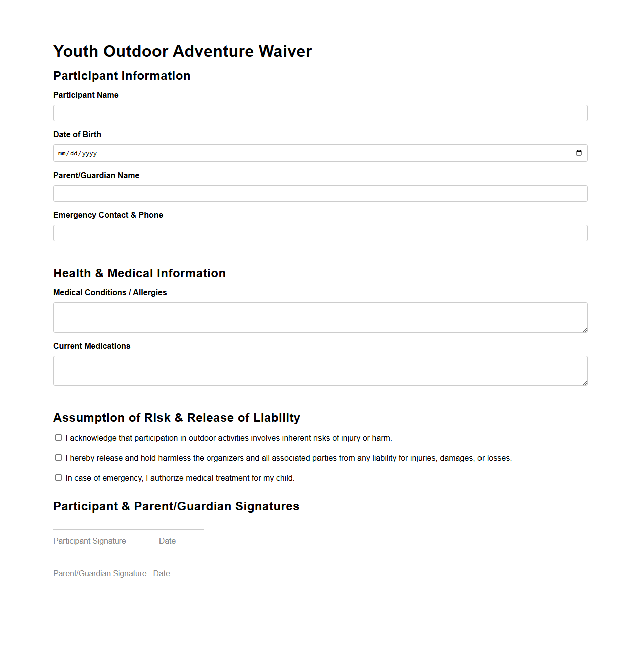 Youth Outdoor Adventure Waiver Template