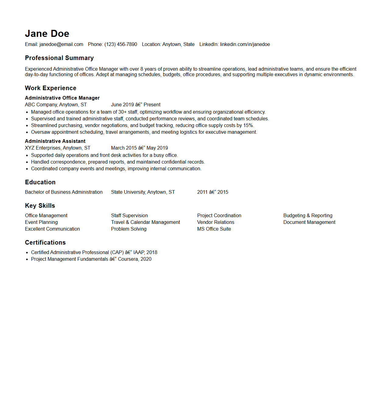 Administrative Office Manager Resume Model