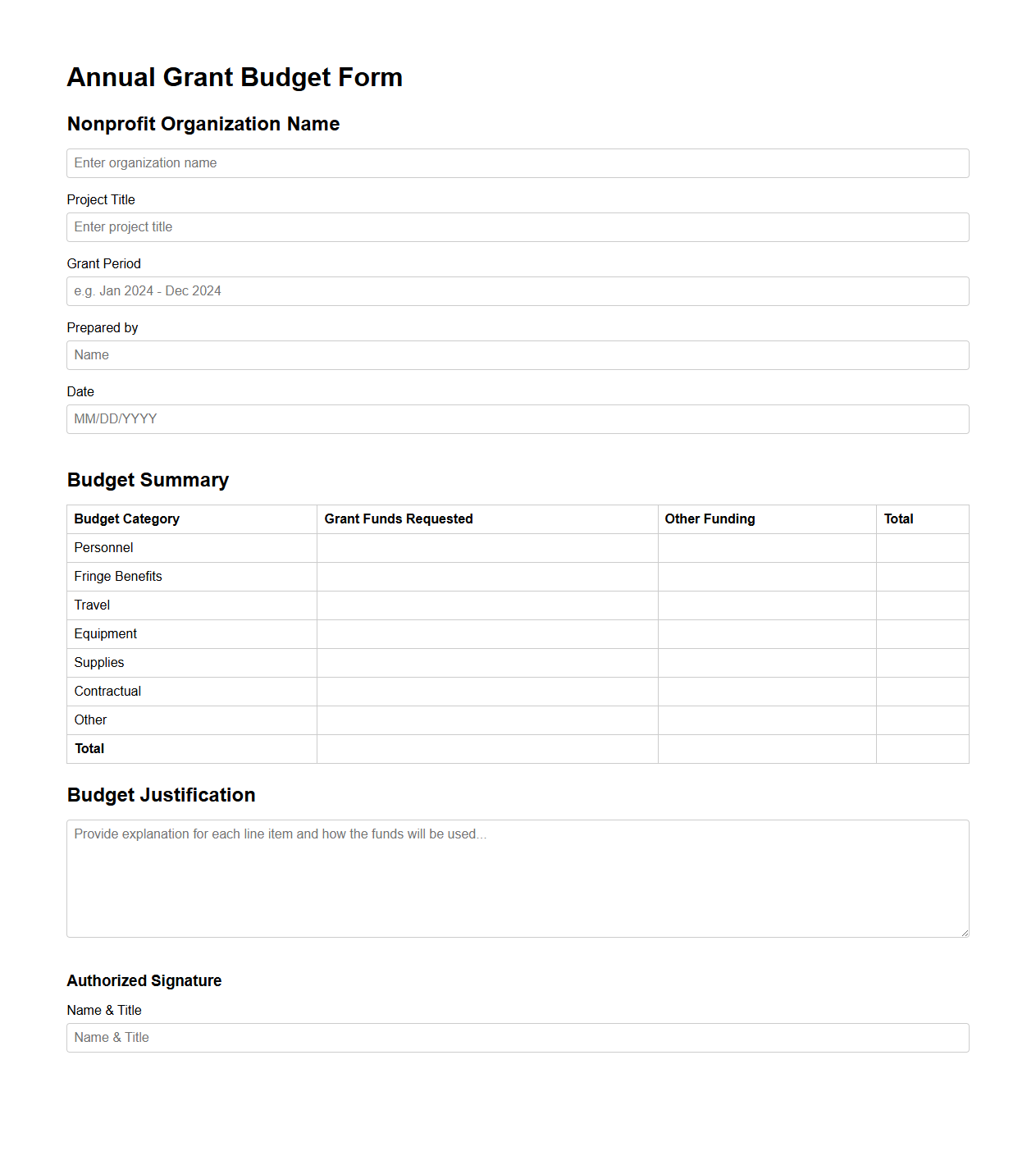 Annual Grant Budget Form for Nonprofit Organizations