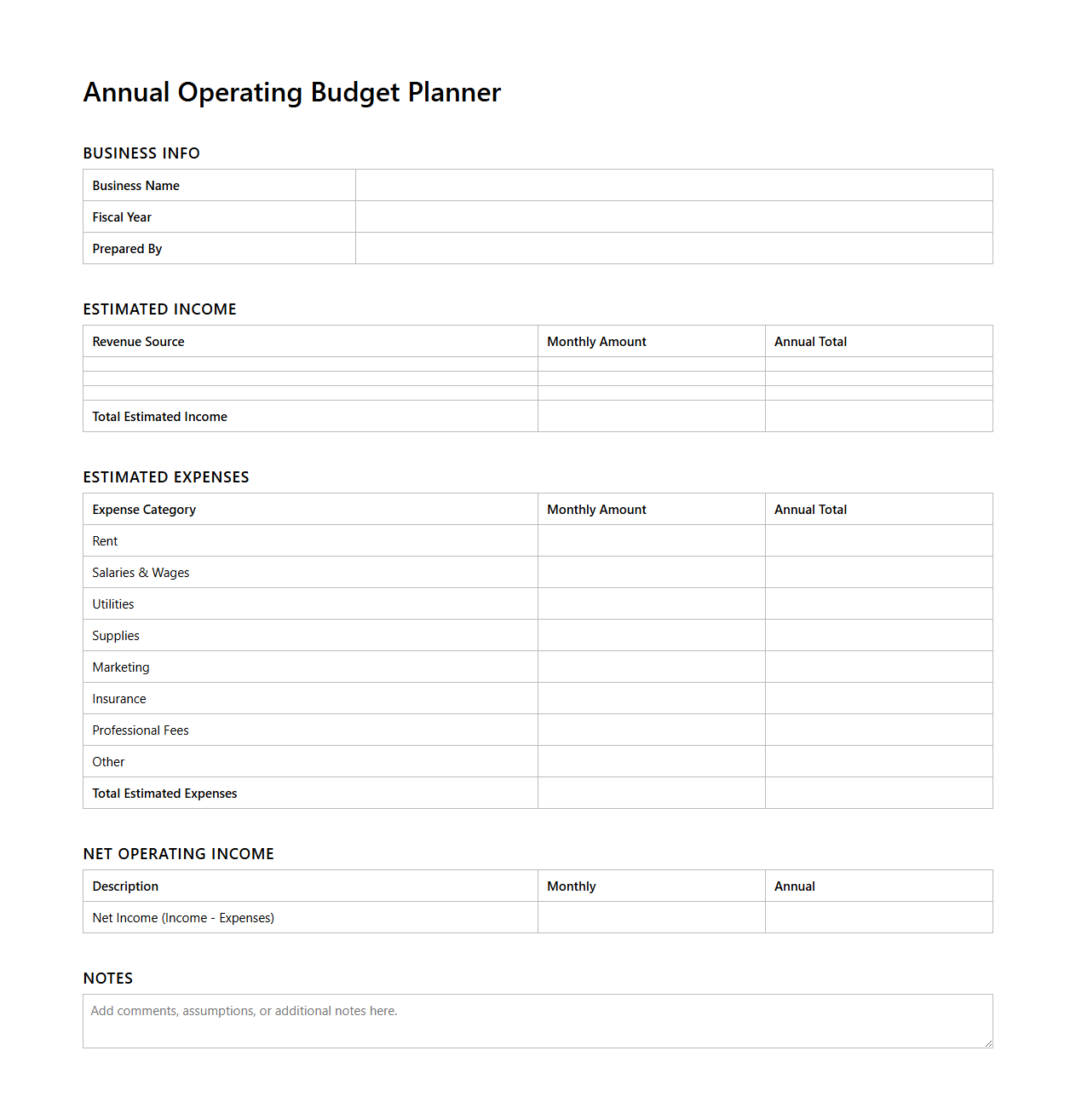 Annual Operating Budget Planner for Small Business