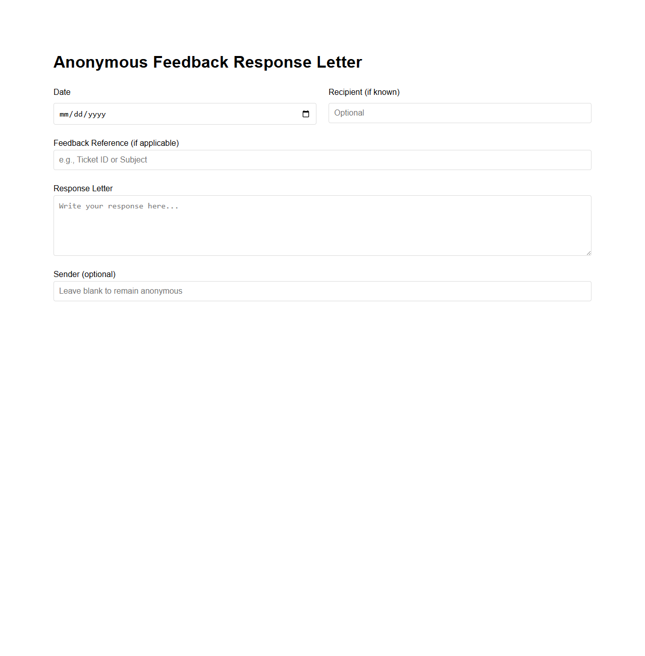 Anonymous Feedback Response Letter Form