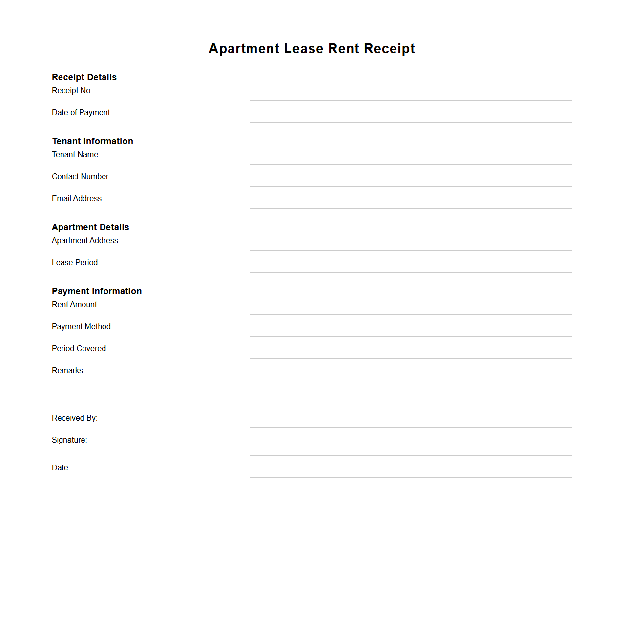 Apartment Lease Rent Receipt Layout