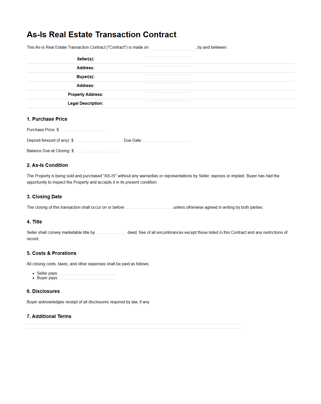 As-Is Real Estate Transaction Contract