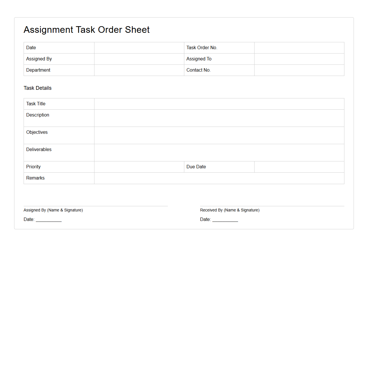 Assignment Task Order Sheet Format