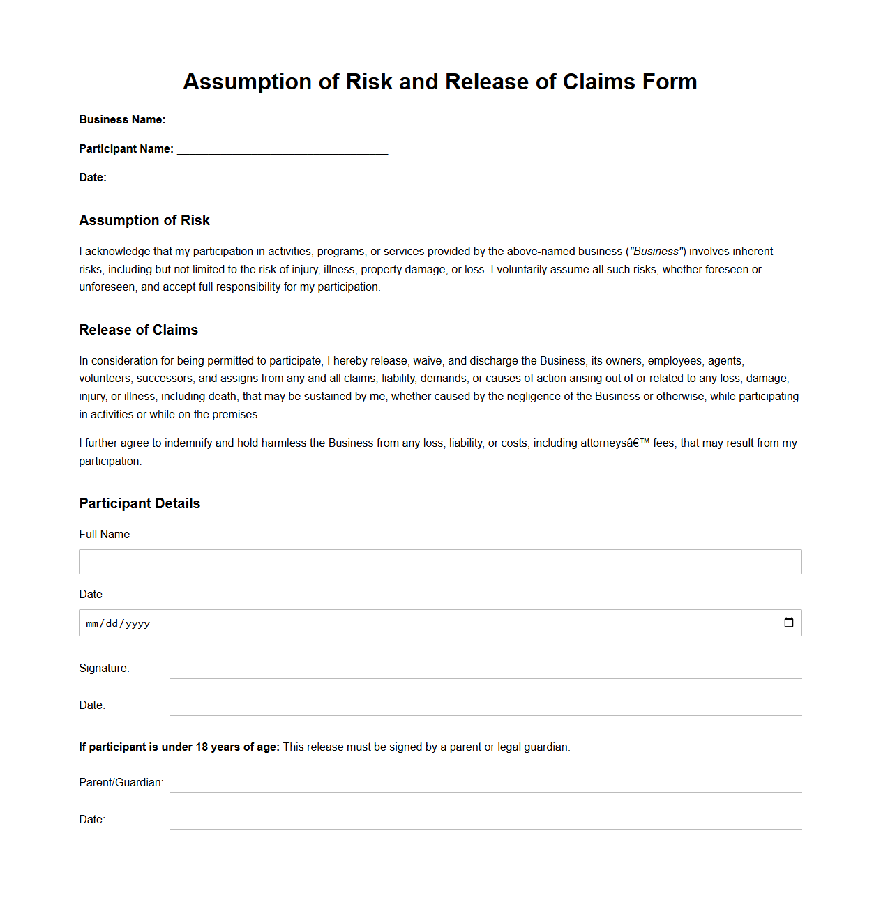 Assumption of Risk and Release of Claims Form for Businesses