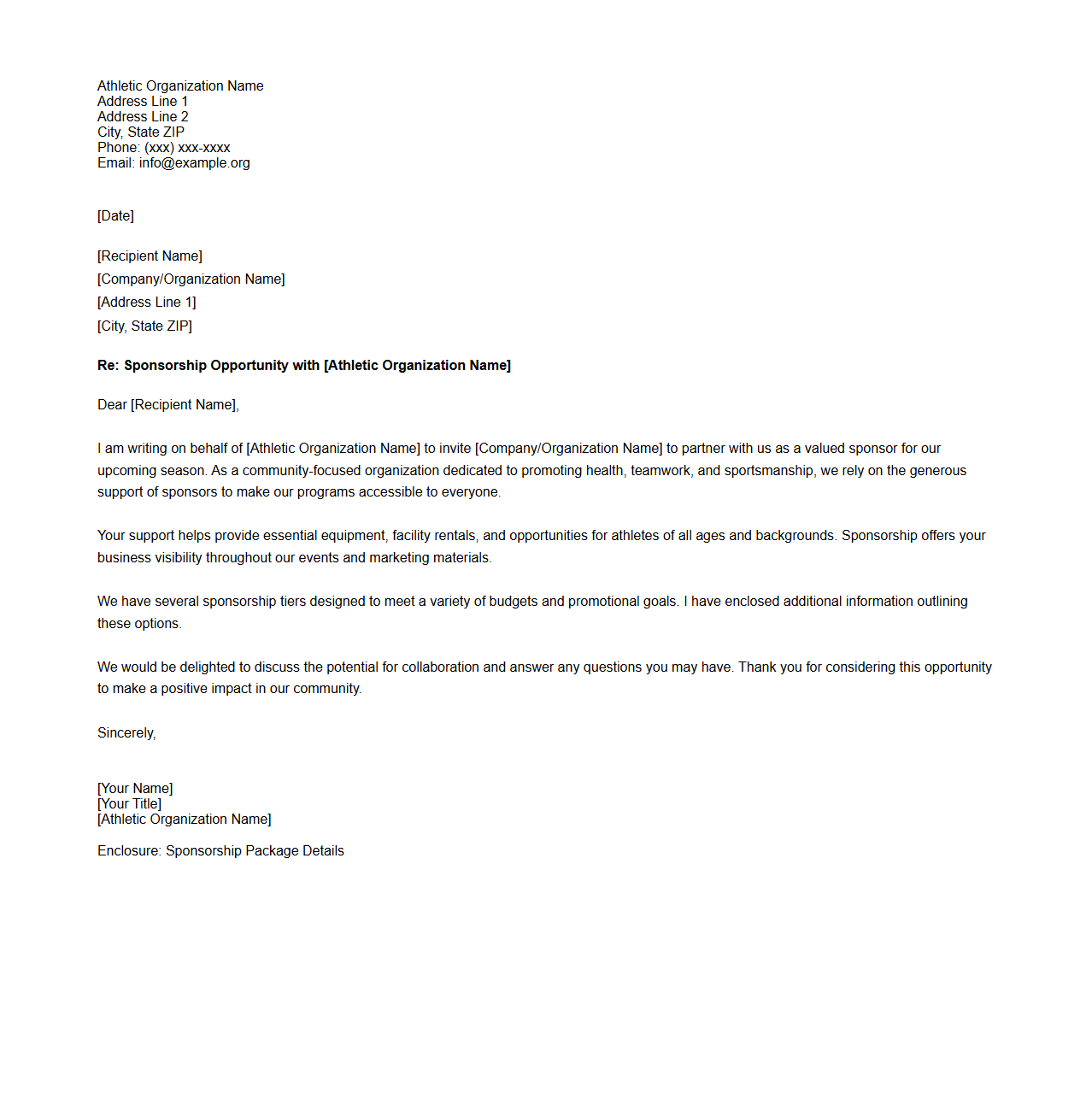 Athletic Organization Sponsorship Solicitation Letter