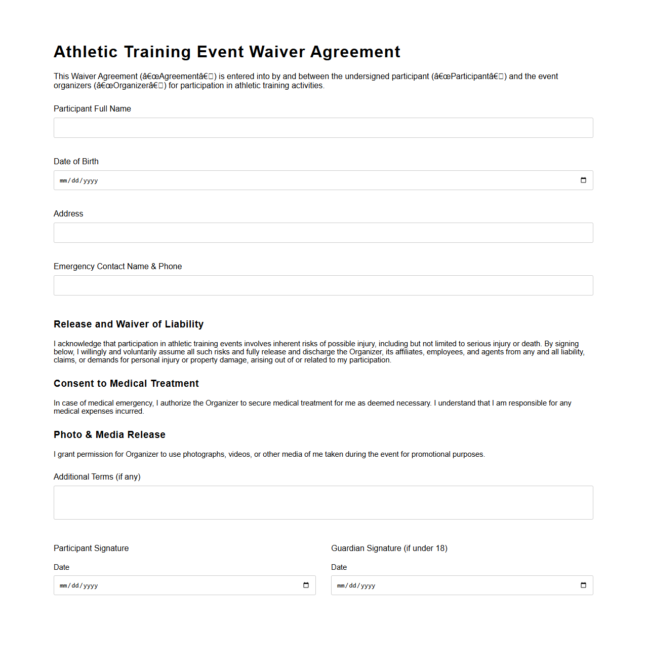 Athletic Training Event Waiver Agreement Template