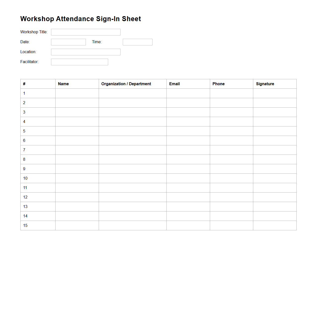 Attendance Sign-In Sheet for Workshops