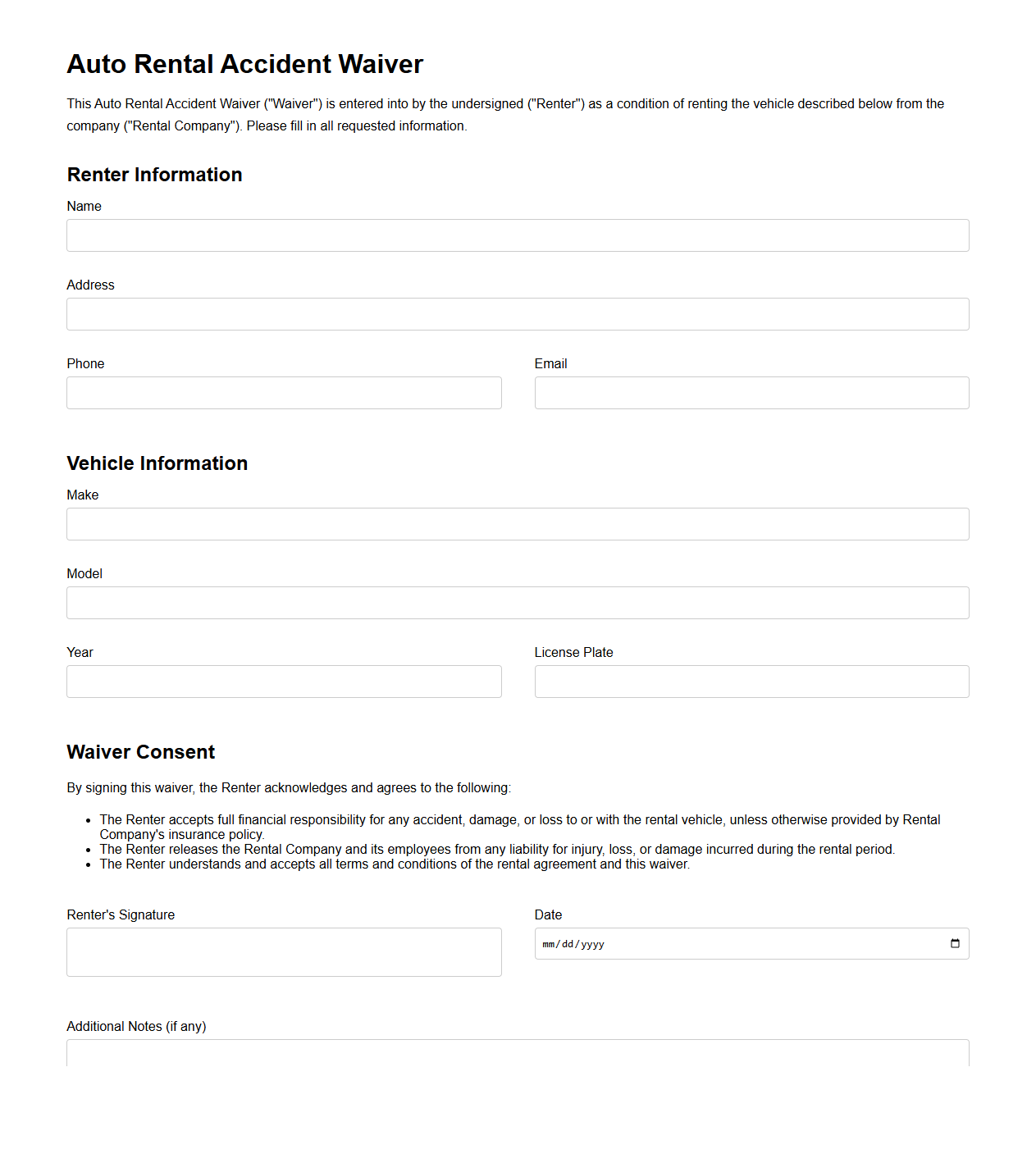 Auto Rental Accident Waiver Template