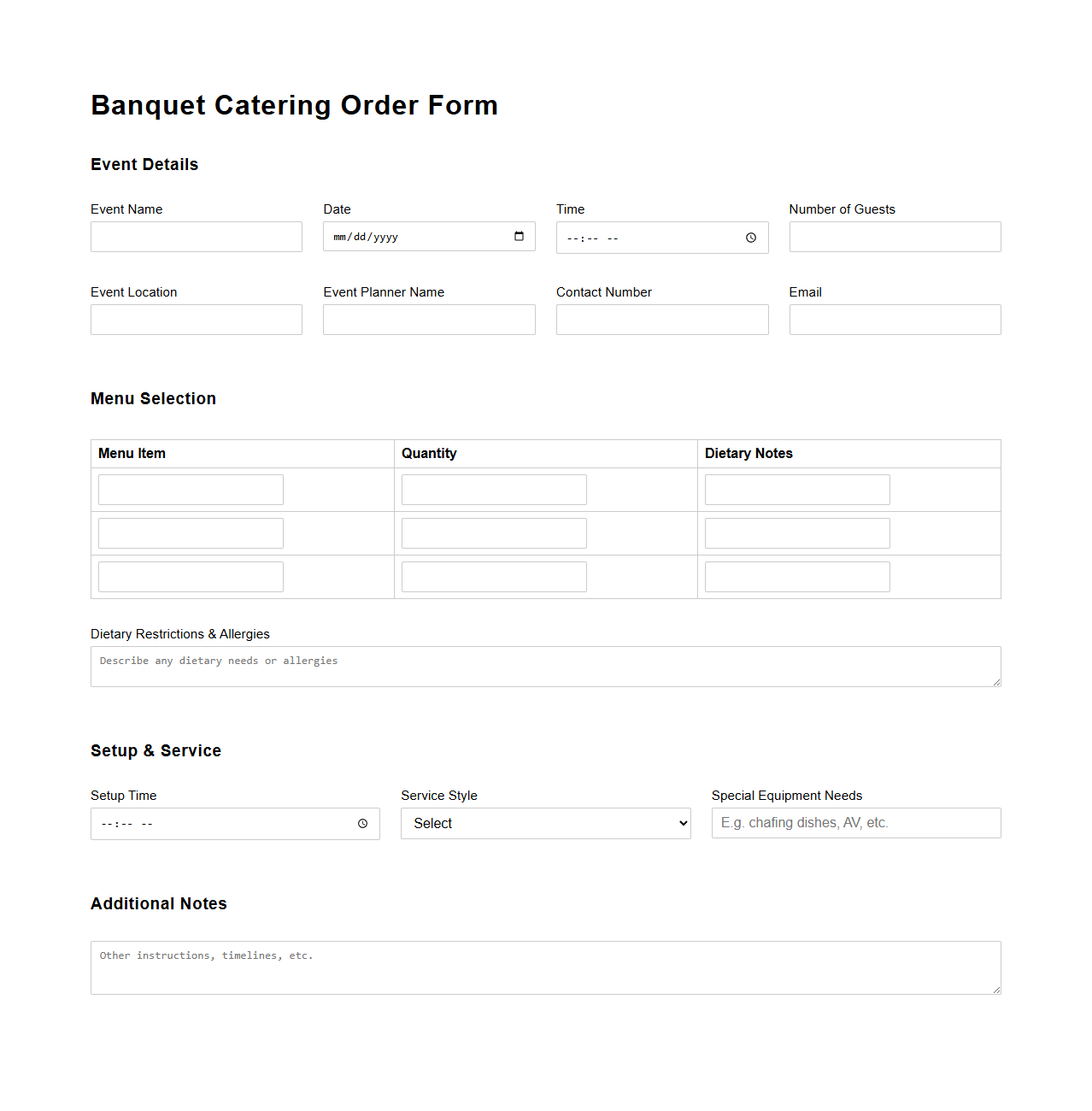 Banquet Catering Order Form for Event Planners