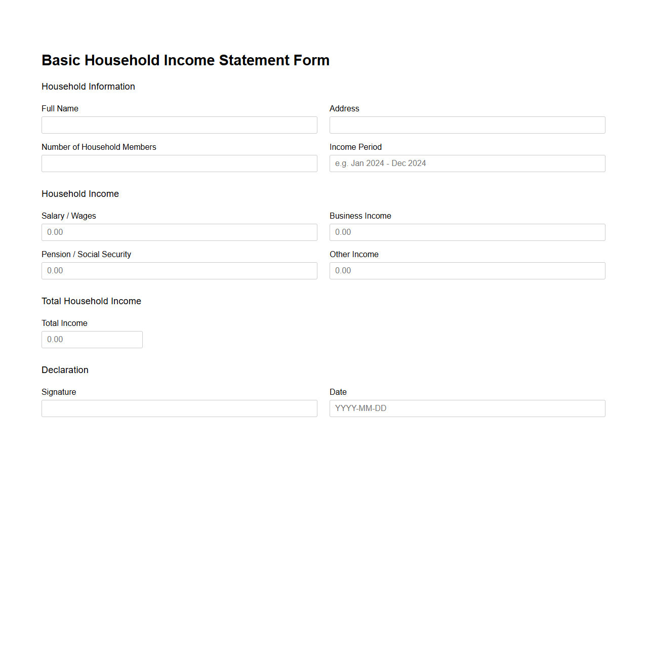 Basic Household Income Statement Form